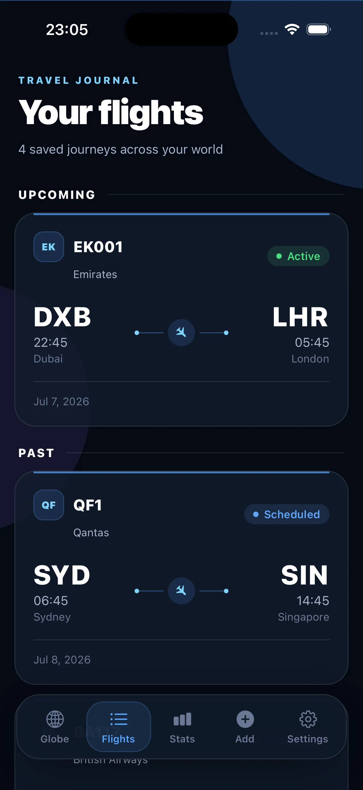 Flyaway app showing a personal flight log with routes and flight details