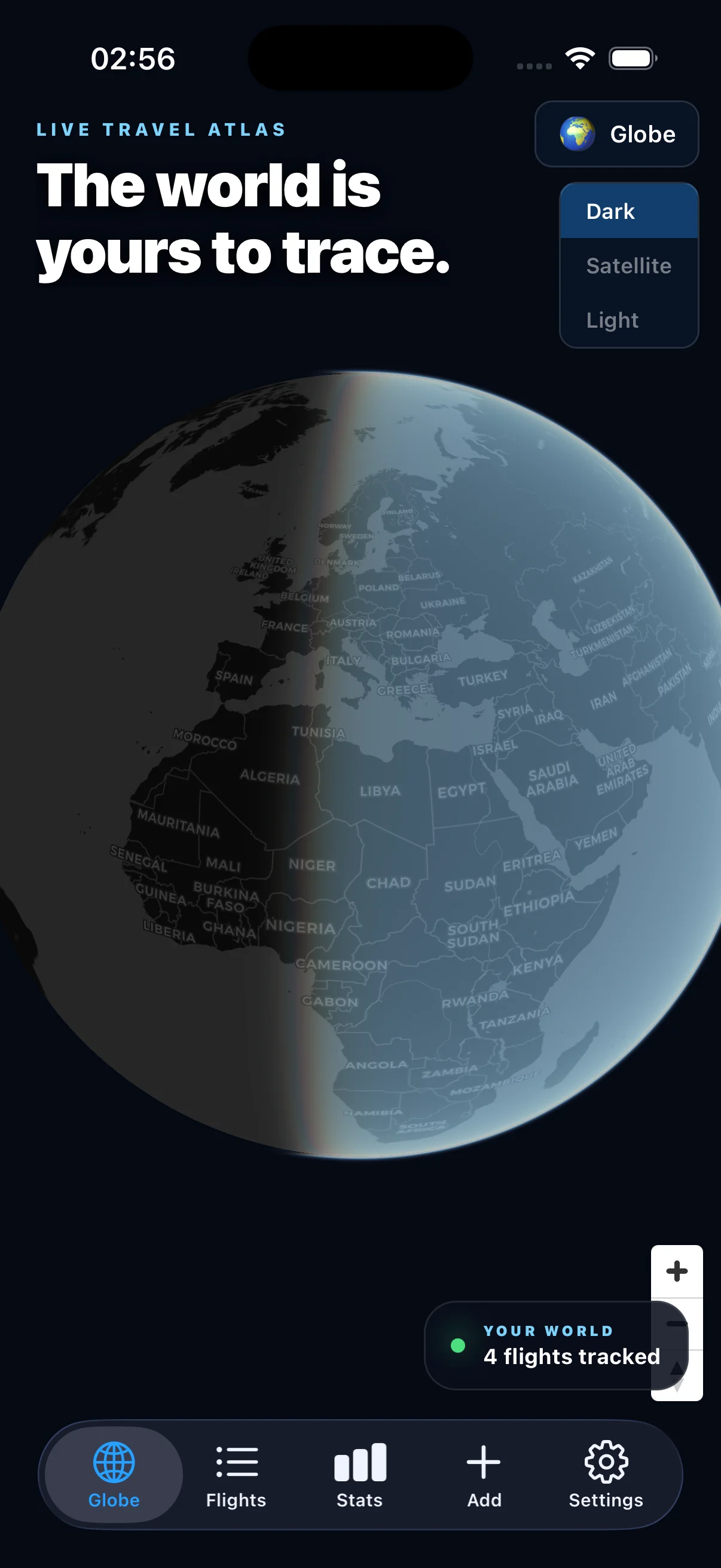 Flyaway app showing an interactive globe and four tracked flights